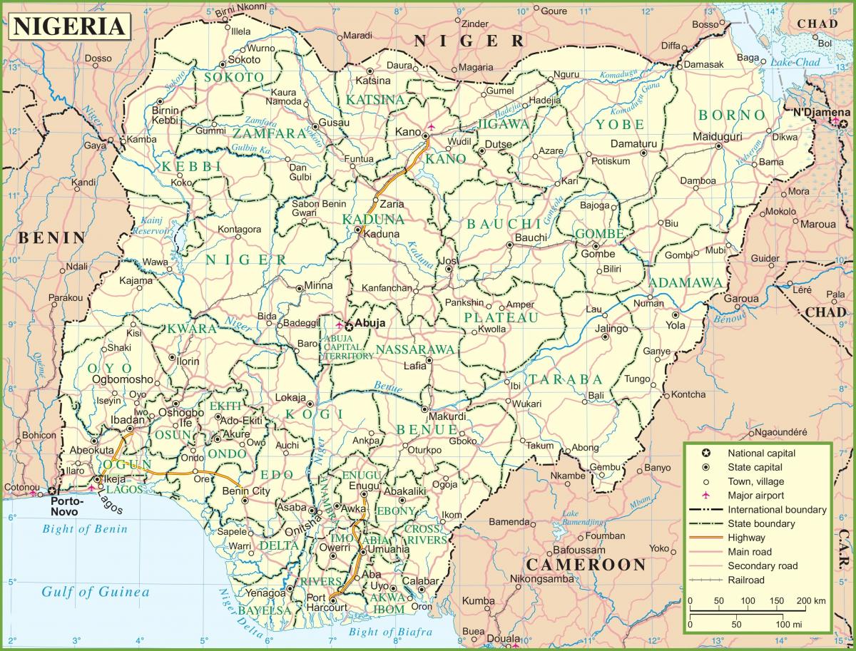 zemljevid nigeriji, ki prikazuje glavne ceste