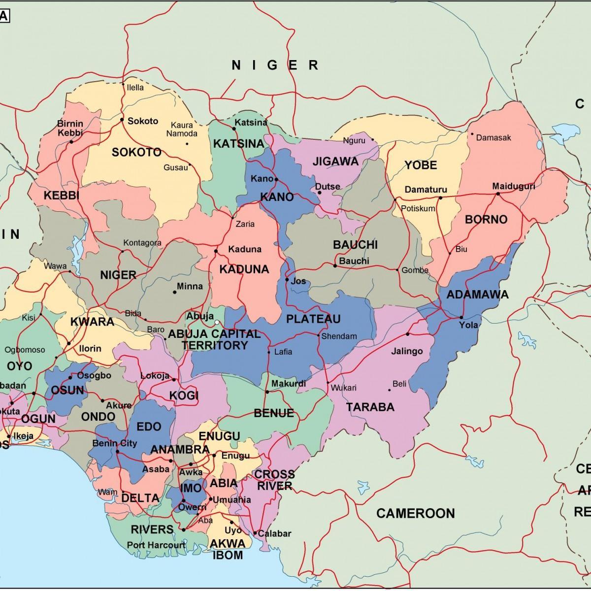 Zemljevid nigerija z državami in mesti