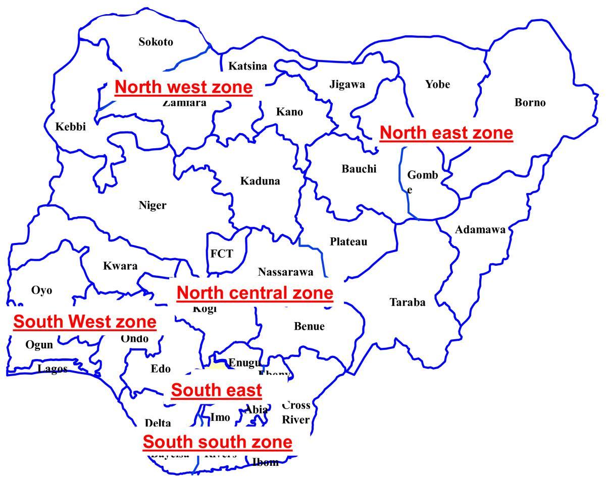 zemljevid nigeriji, ki prikazuje šest geopolitične cone