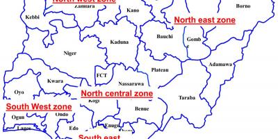 Zemljevid nigeriji, ki prikazuje šest geopolitične cone