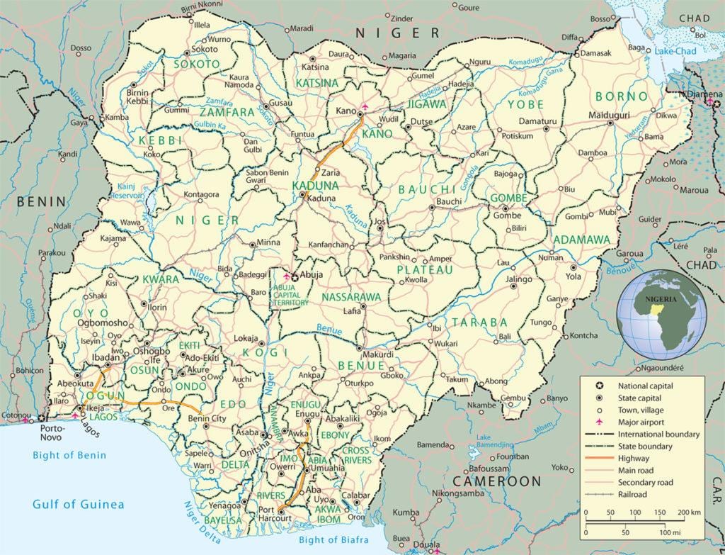 zemljevid nigeriji, ki prikazuje članice in velikih