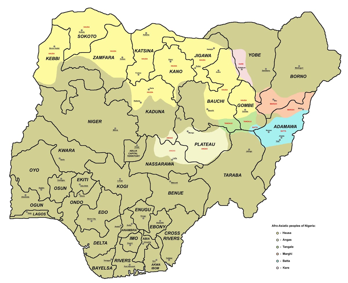 zemljevid nigeriji, ki prikazuje 36 članic in njihovih prestolnicah