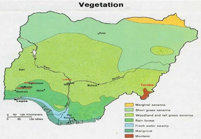 zemljevid nigeriji, ki prikazuje vegetacijo