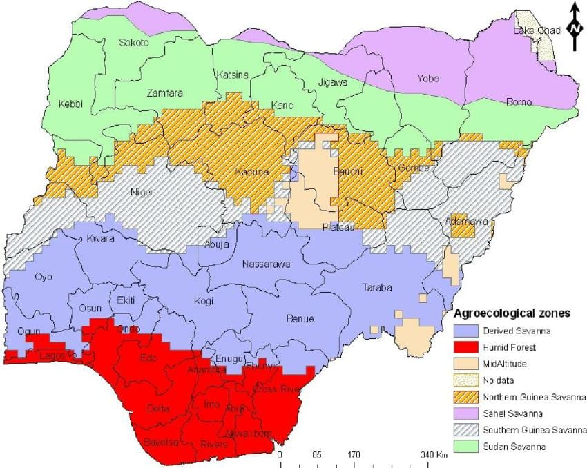 Zemljevid nigeriji, ki prikazuje ekološke cone