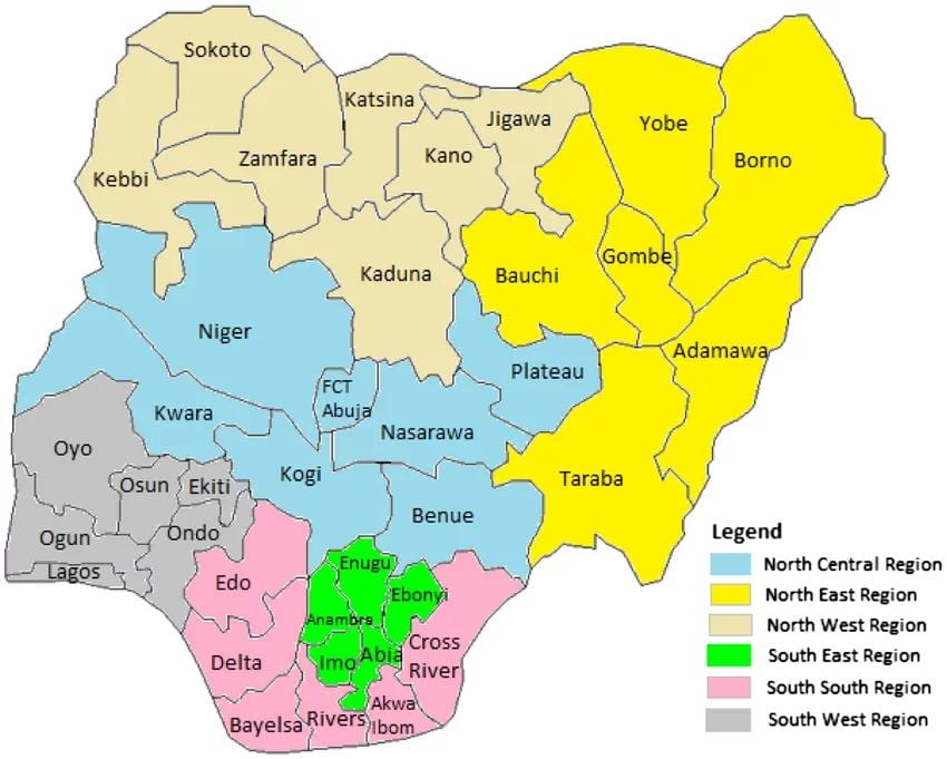 Zemljevid nigeriji, ki prikazuje geopolitične cone
