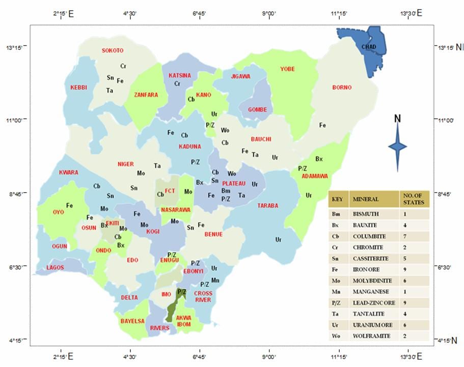 Zemljevid nigeriji, ki prikazuje mineralnih surovin