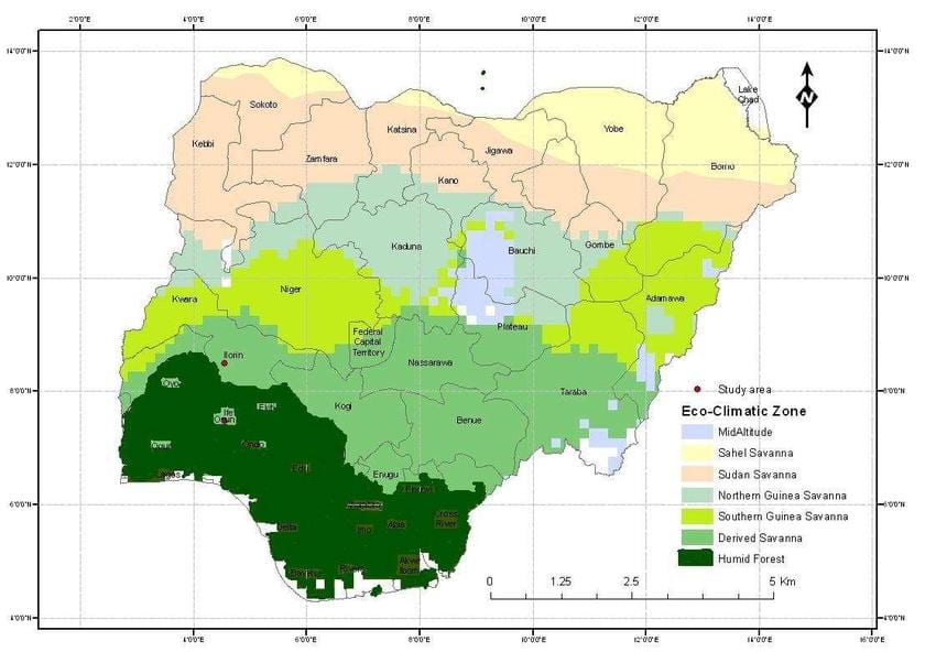 Zemljevid nigeriji, ki prikazuje klimatske cone