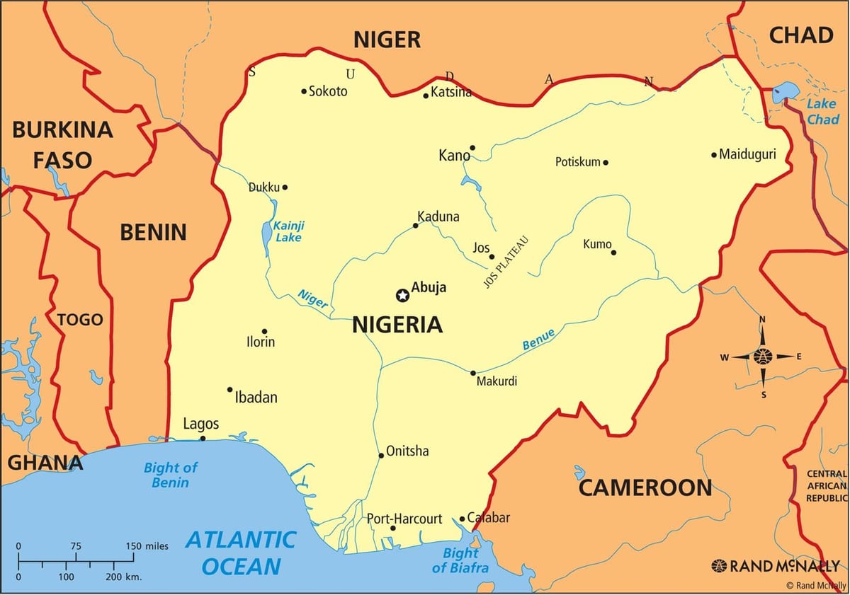 zemljevid nigeriji, ki prikazuje reke niger in benue
