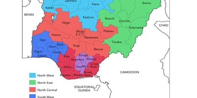 Zemljevid nigeriji, ki prikazuje geopolitične cone