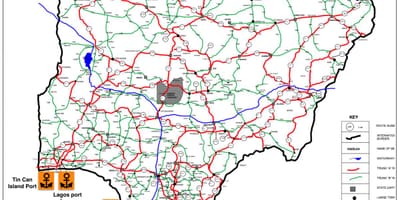 Zemljevid nigeriji, ki prikazuje cestnem omrežju