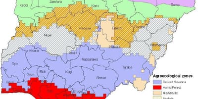 Zemljevid nigeriji, ki prikazuje ekološke cone