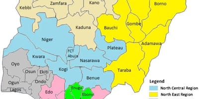 Zemljevid nigeriji, ki prikazuje geopolitične cone