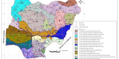 Zemljevid nigeriji, ki prikazuje različne vegetacije območja